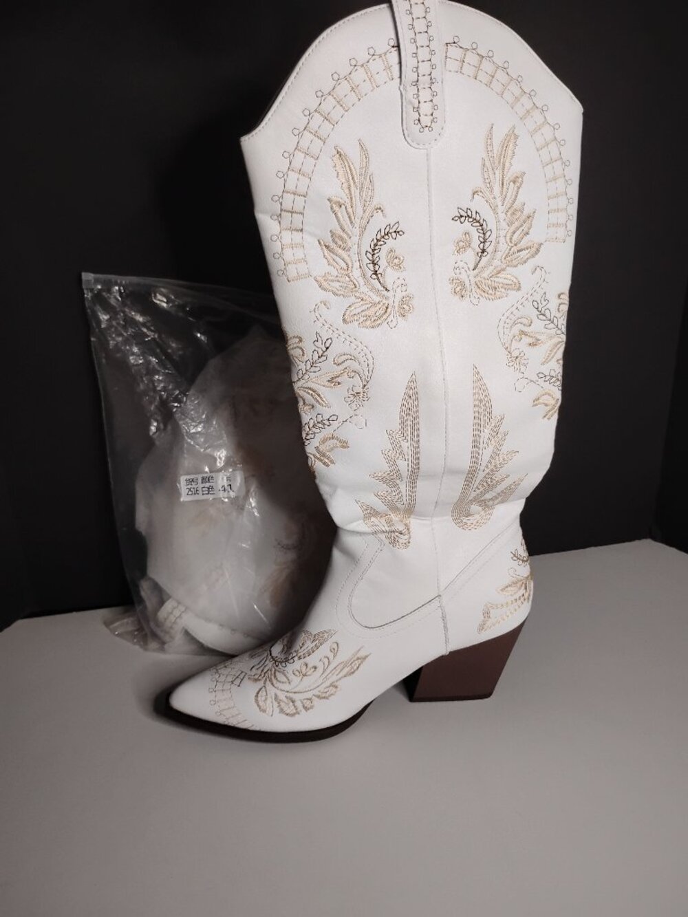 Women's Pointed Toe Chunky Heel Embroidered Cowgirl Boots White Size 41